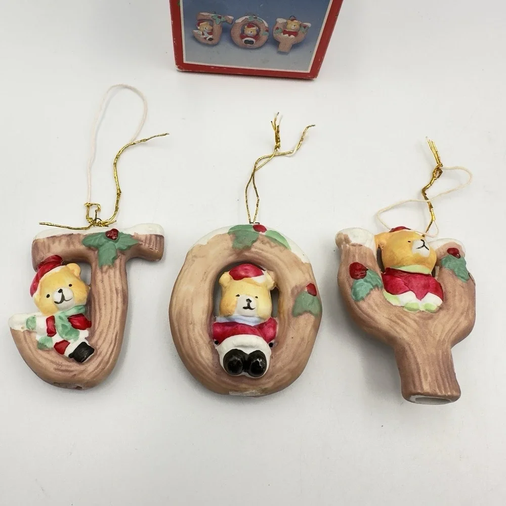 Vtg JOY Bear Christmas Around‎ The World Holiday Set Of 3 Ornaments Box 54-153